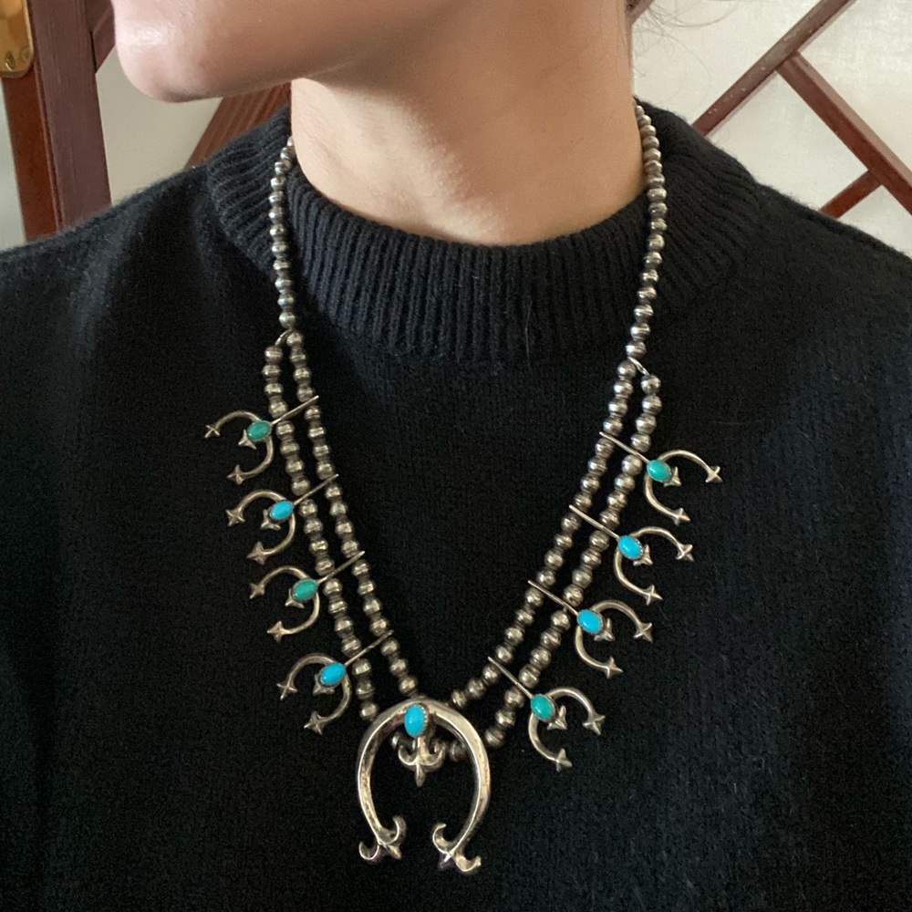 Vintage turquoise & silver squash blossom set